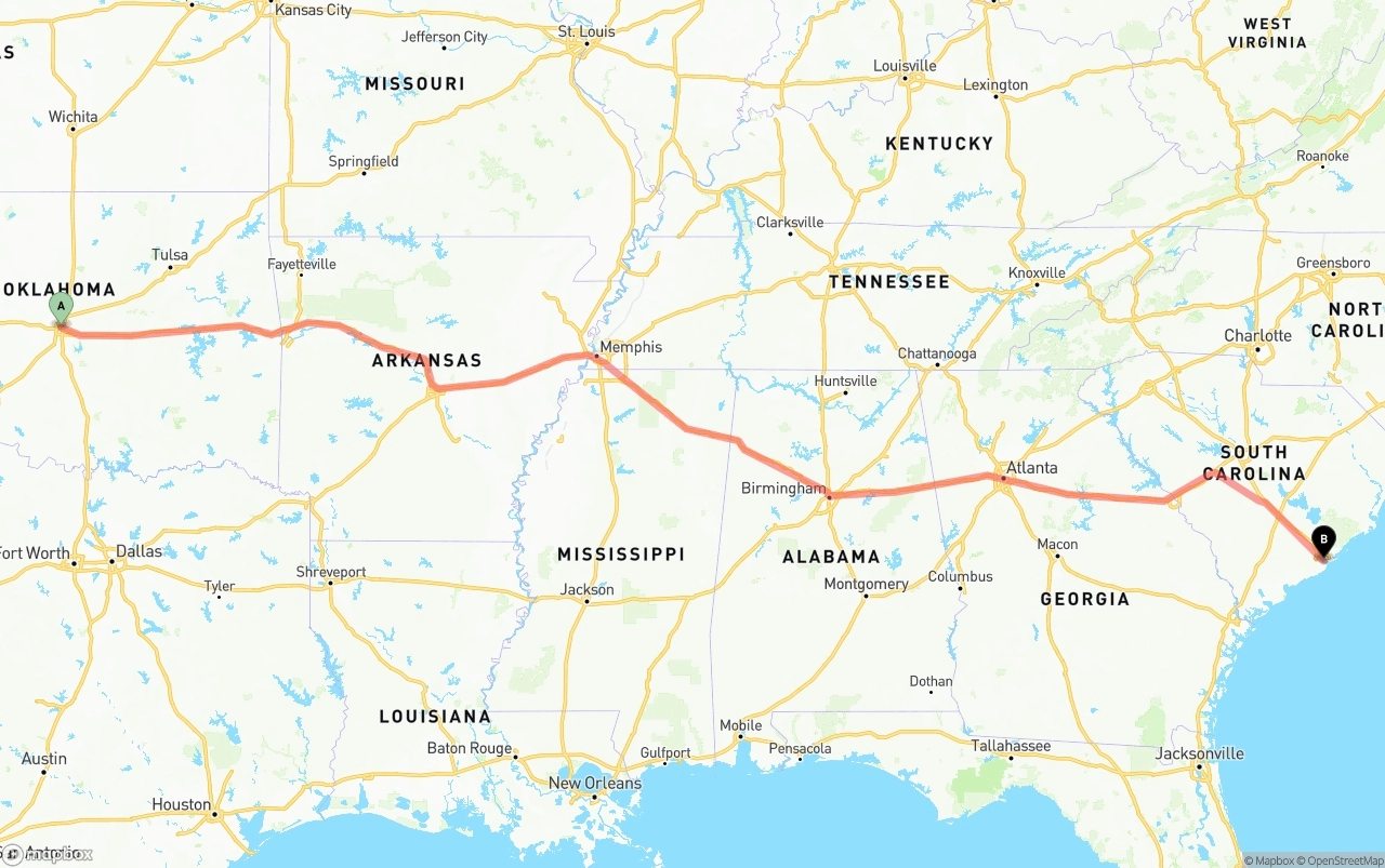 Shipping route from Oklahoma City to Port of Charleston