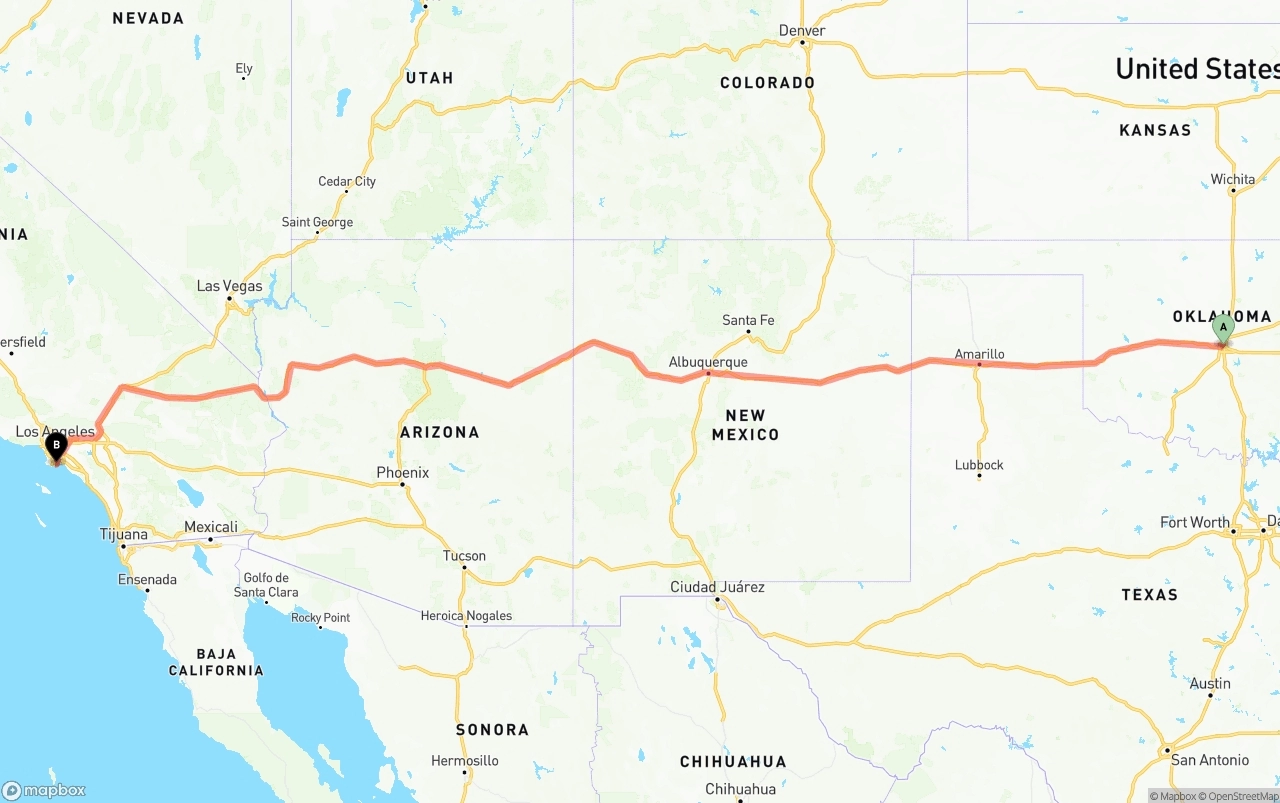 Shipping route from Oklahoma City to Port of Long Beach