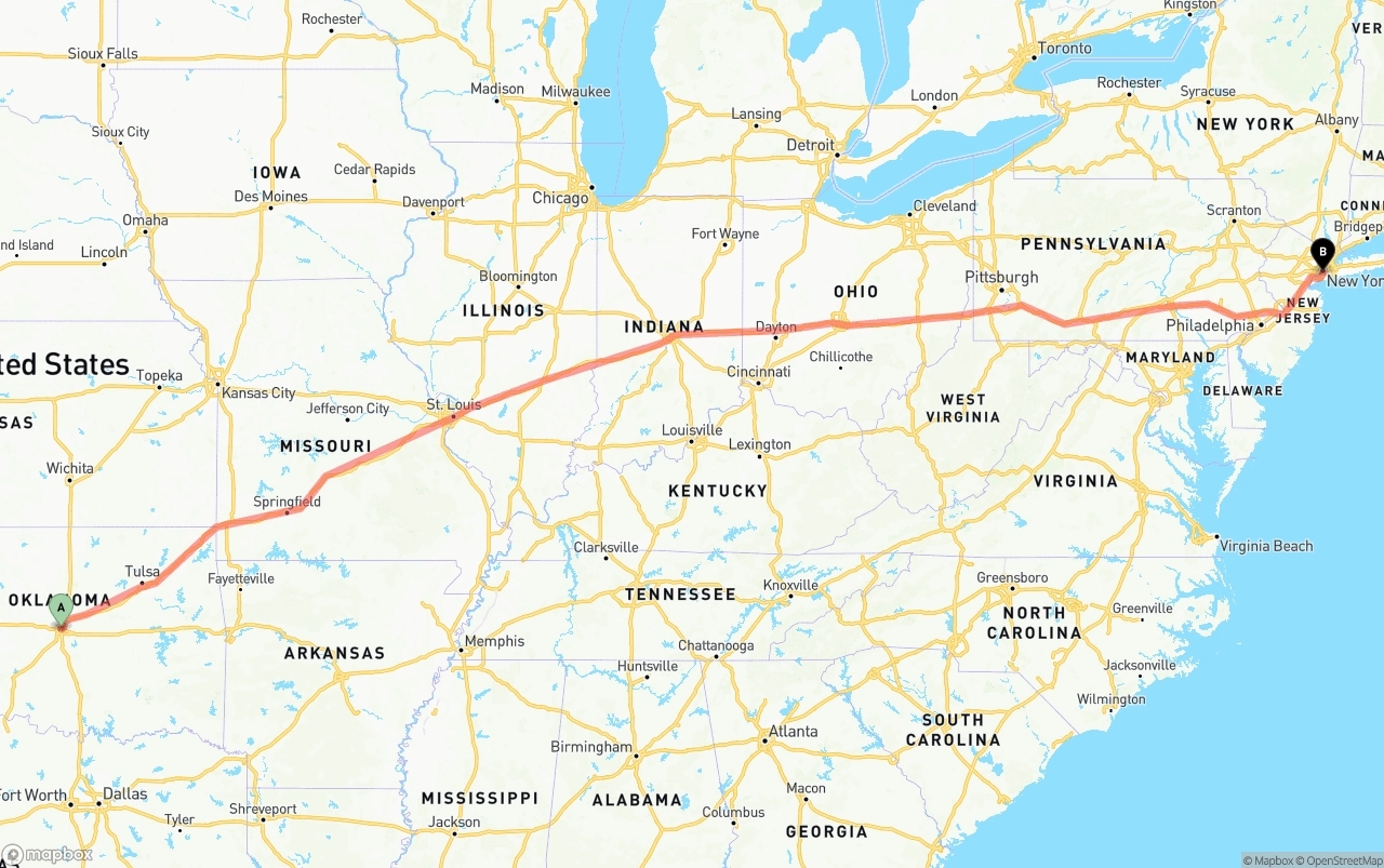 Shipping route from Oklahoma City to Port of New York