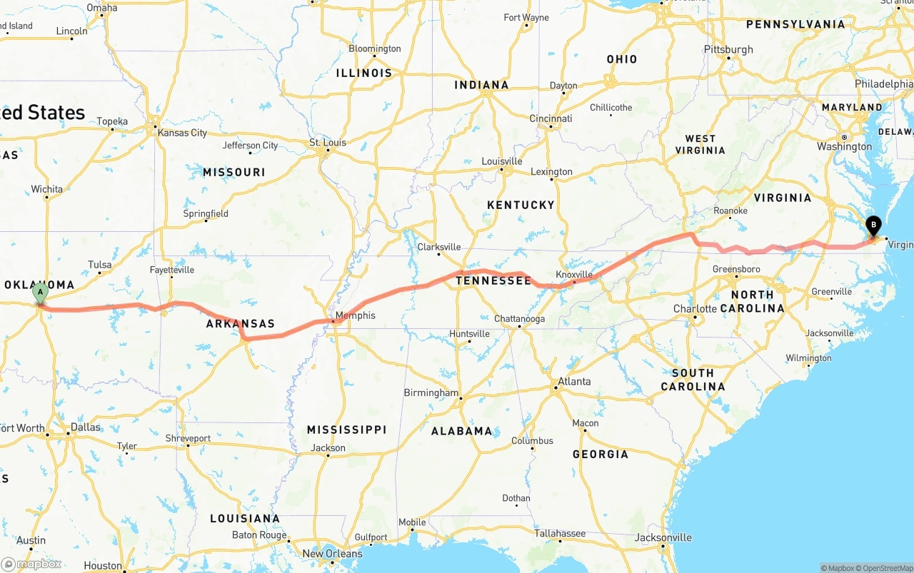 Shipping route from Oklahoma City to Port of Norfolk