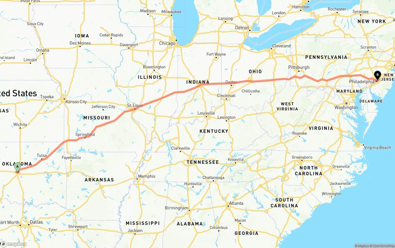 Shipping route from Oklahoma City to Port of Philadelphia