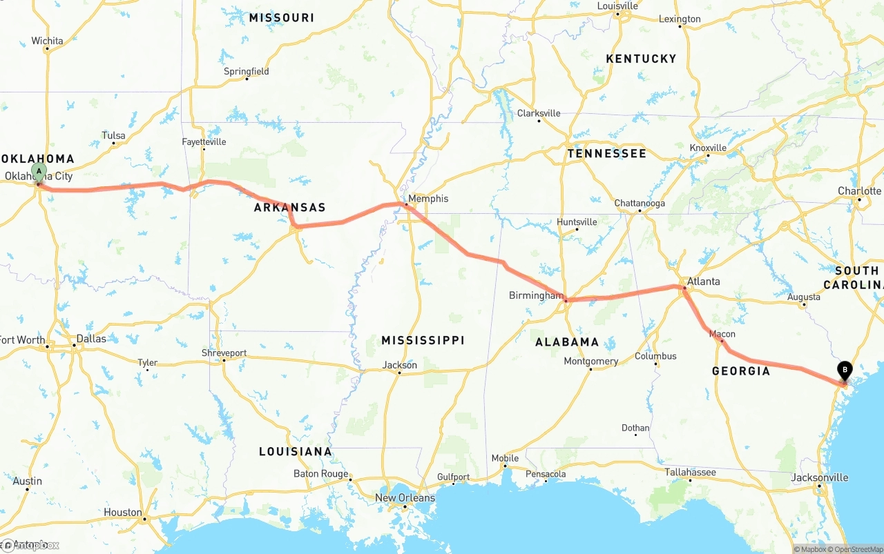Shipping route from Oklahoma City to Port of Savannah