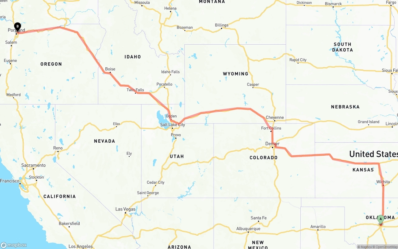Shipping route from Oklahoma City to Portland International Airport