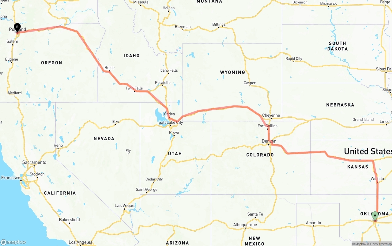 Shipping route from Oklahoma City to Portland