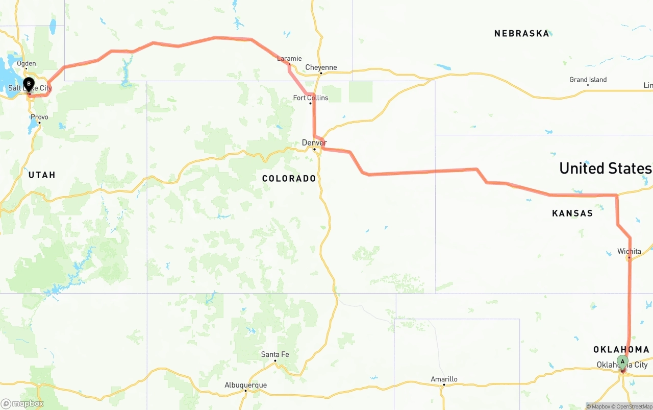 Shipping route from Oklahoma City to Salt Lake City
