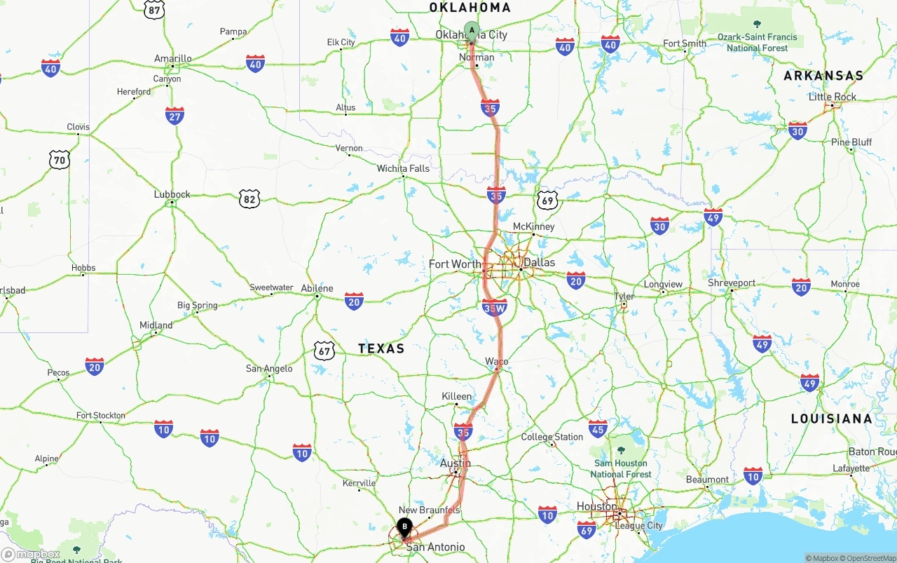 Shipping route from Oklahoma City to San Antonio