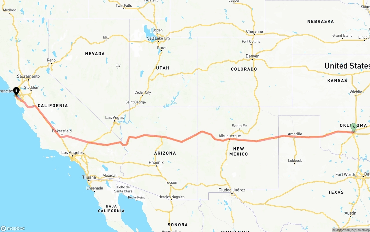 Shipping route from Oklahoma City to San Francisco International Airport