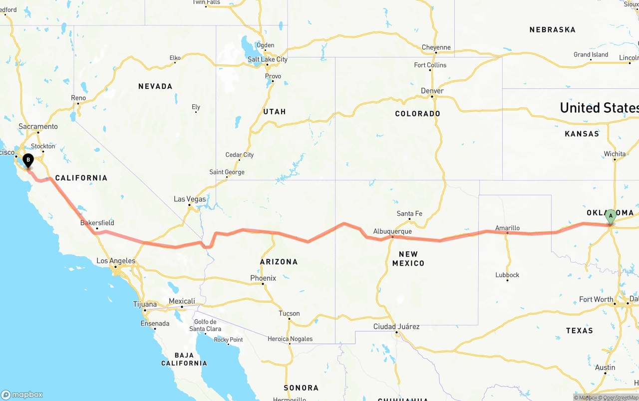 Shipping route from Oklahoma City to San Jose