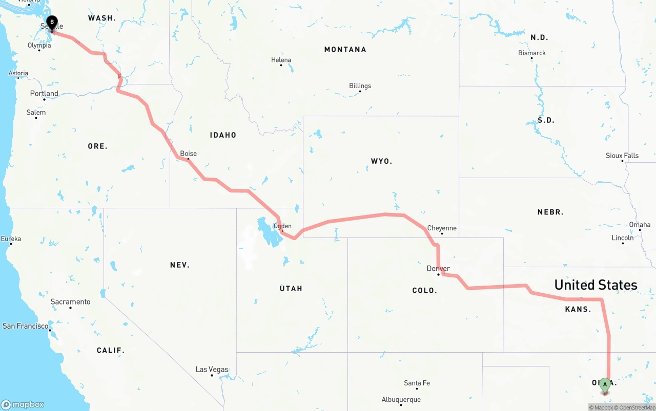 Shipping route from Oklahoma City to Seattle