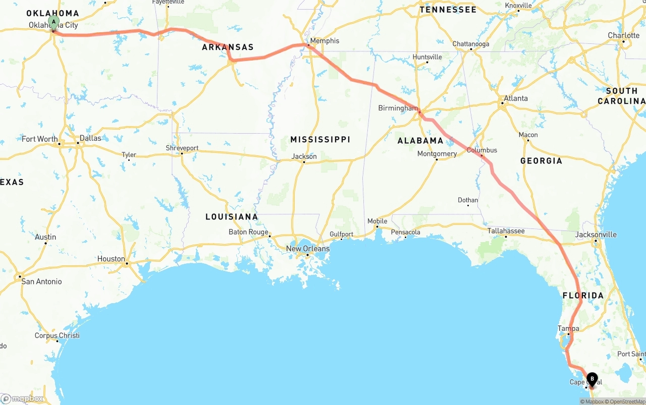 Shipping route from Oklahoma City to Southwest Florida International Airport