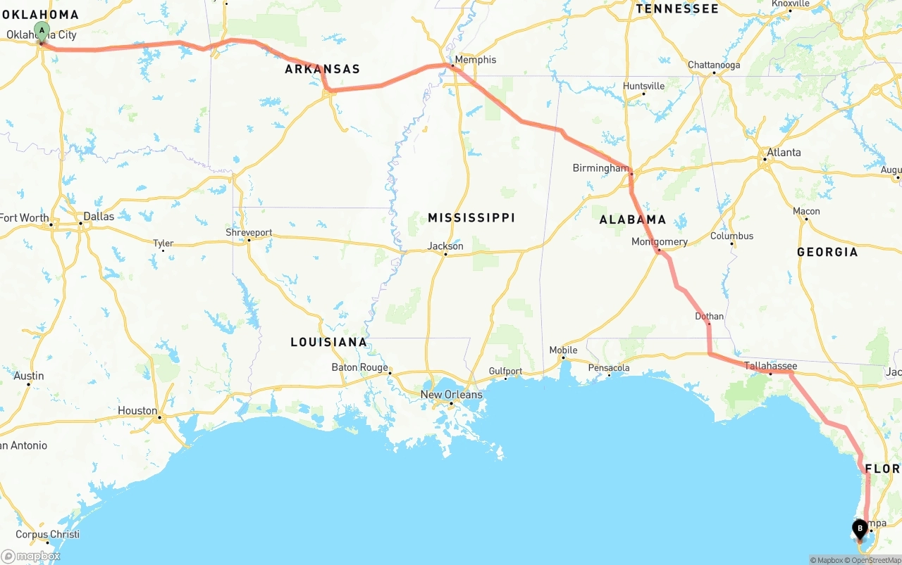 Shipping route from Oklahoma City to St. Petersburg