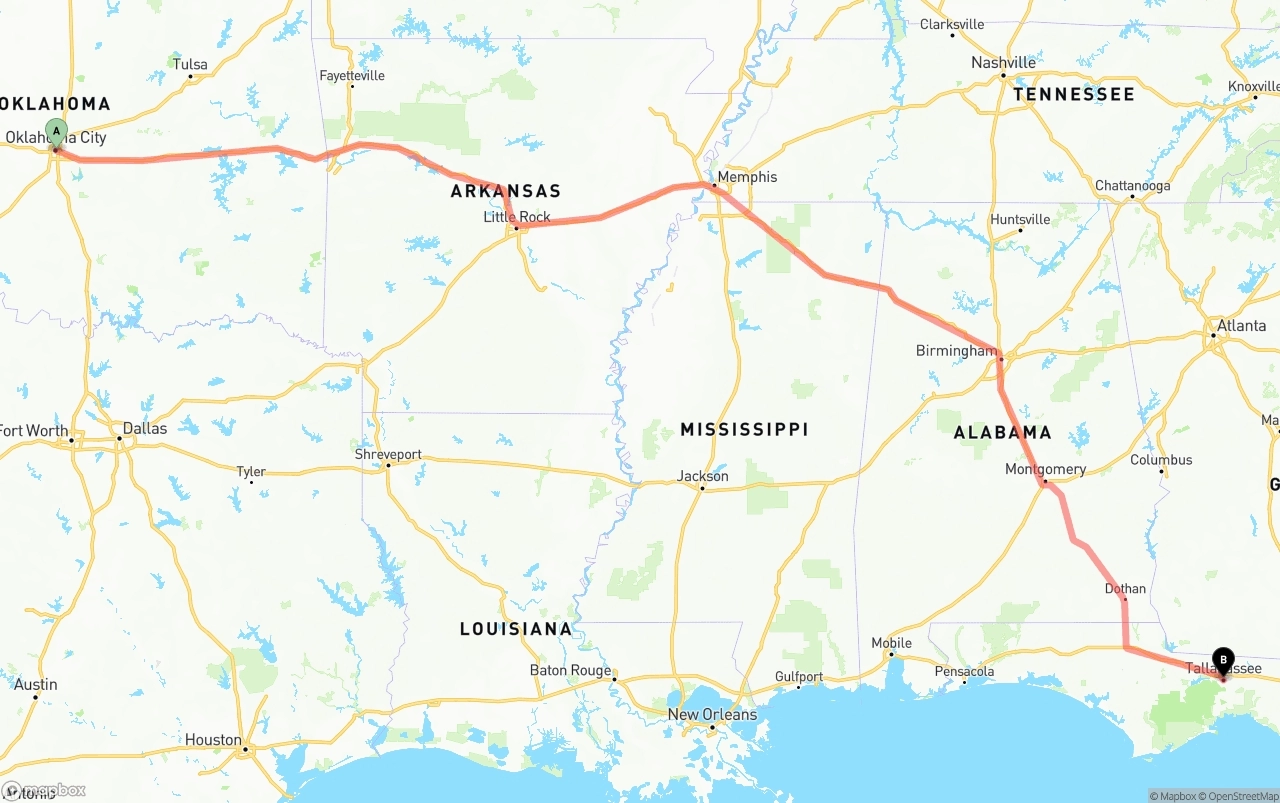 Shipping route from Oklahoma City to Tallahassee
