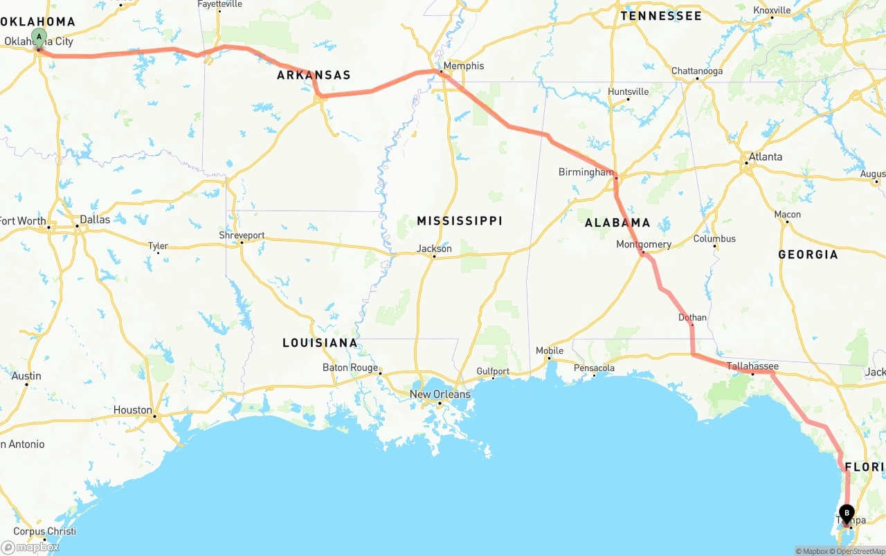 Shipping route from Oklahoma City to Tampa International Airport