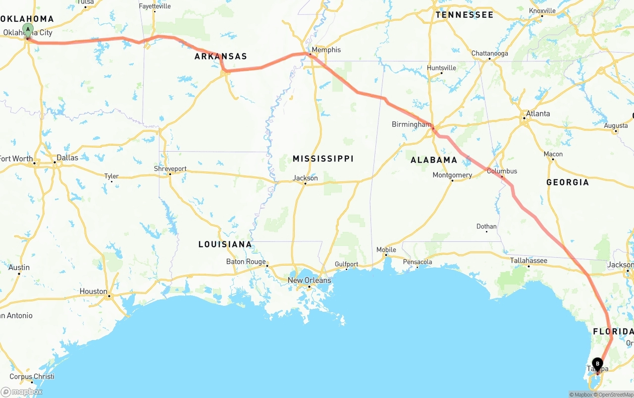 Shipping route from Oklahoma City to Tampa