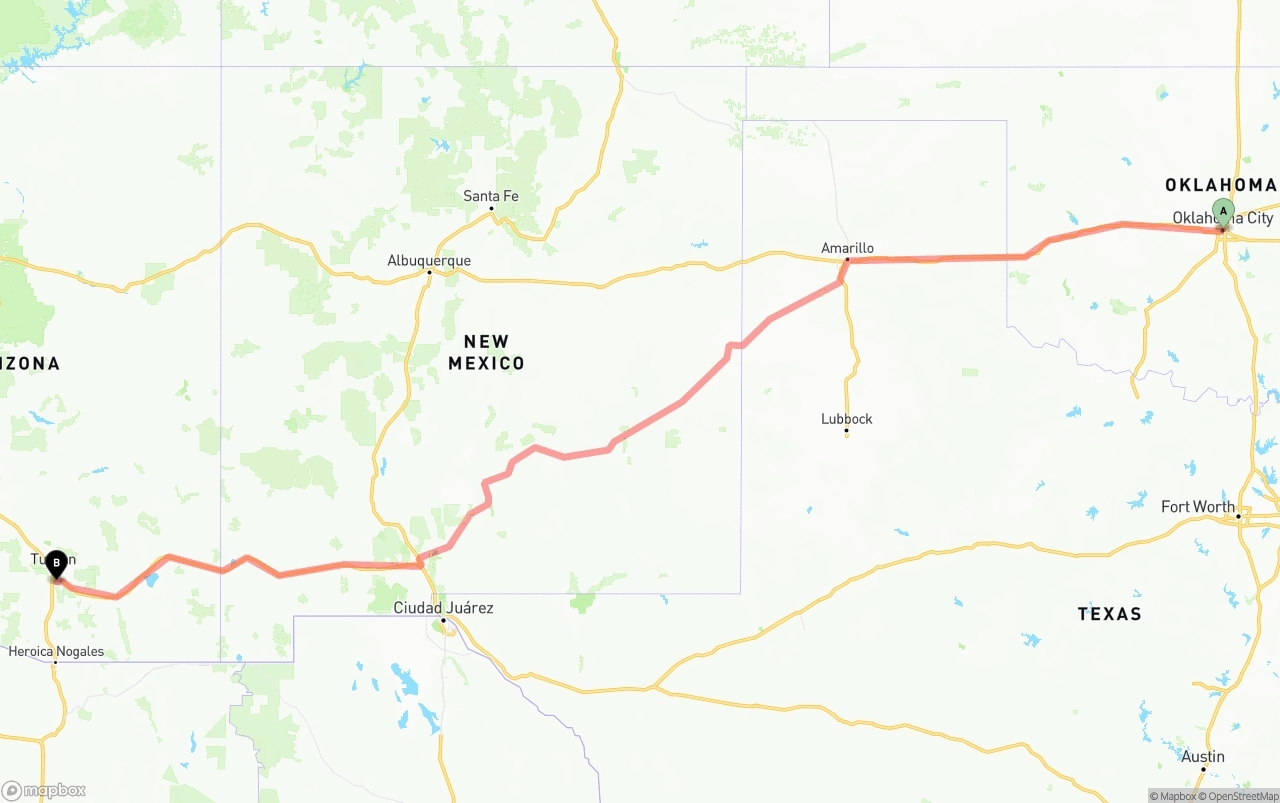 Shipping route from Oklahoma City to Tucson International Airport