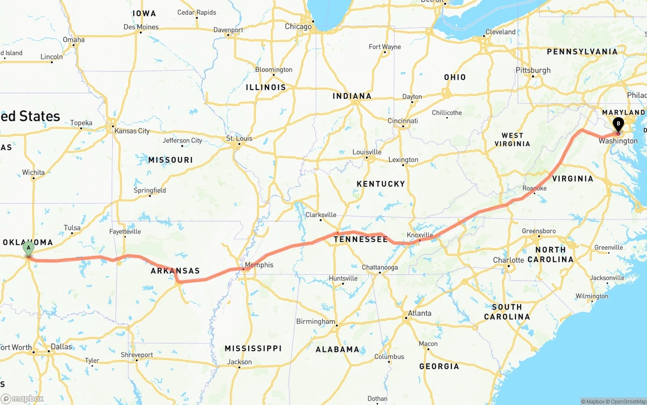 Shipping route from Oklahoma City to Washington D.C.