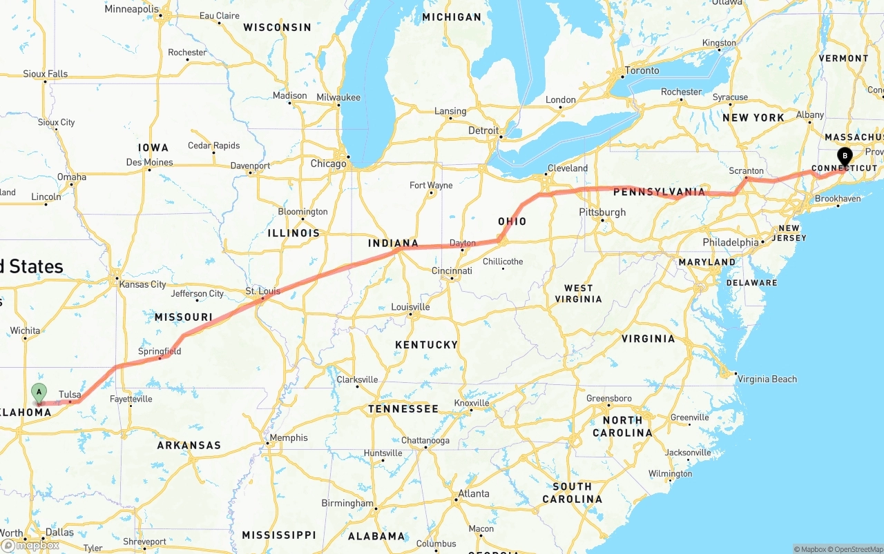Shipping route from Oklahoma to Connecticut