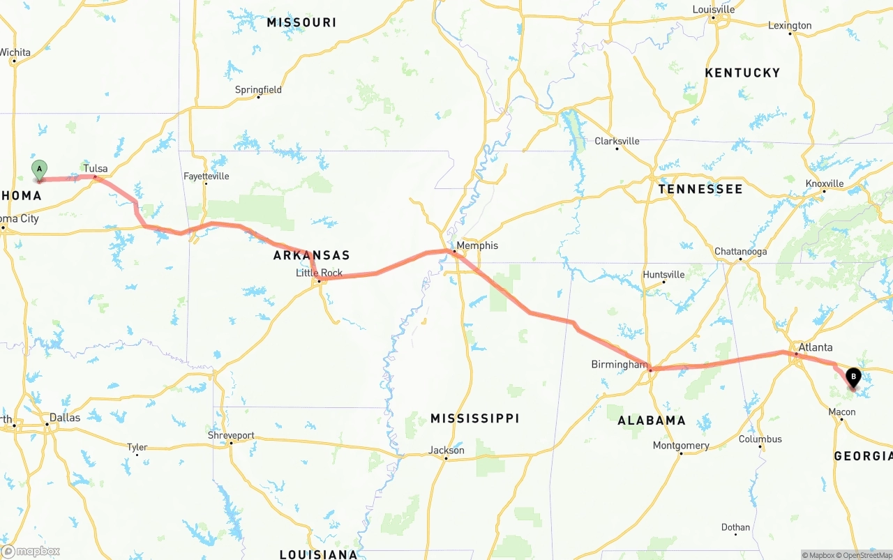 Shipping route from Oklahoma to Georgia