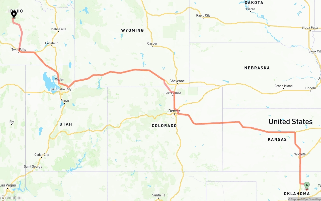 Shipping route from Oklahoma to Idaho