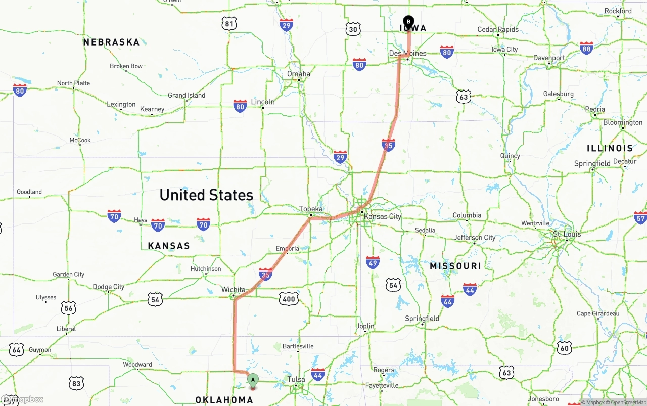 Shipping route from Oklahoma to Iowa