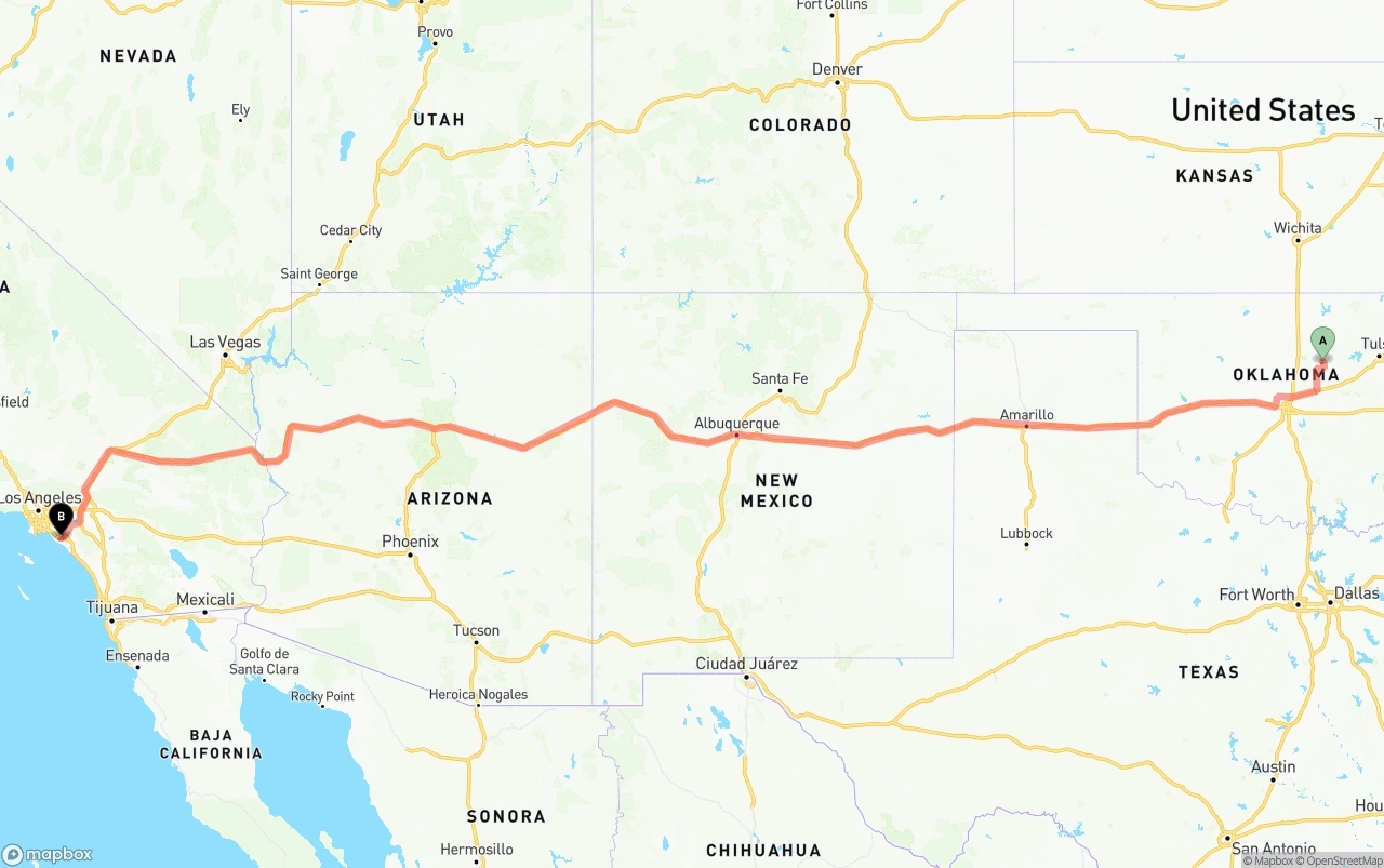 Shipping route from Oklahoma to John Wayne Airport — Orange County