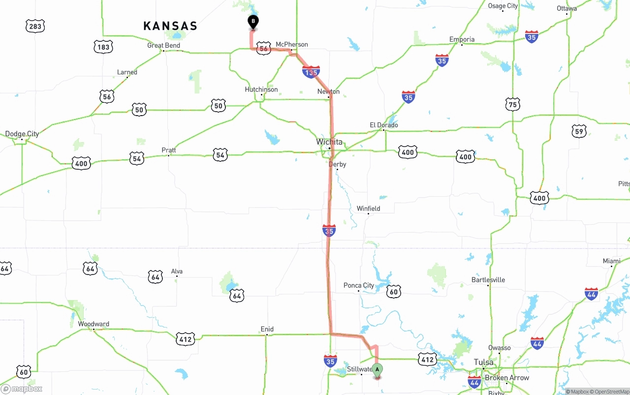 Shipping route from Oklahoma to Kansas