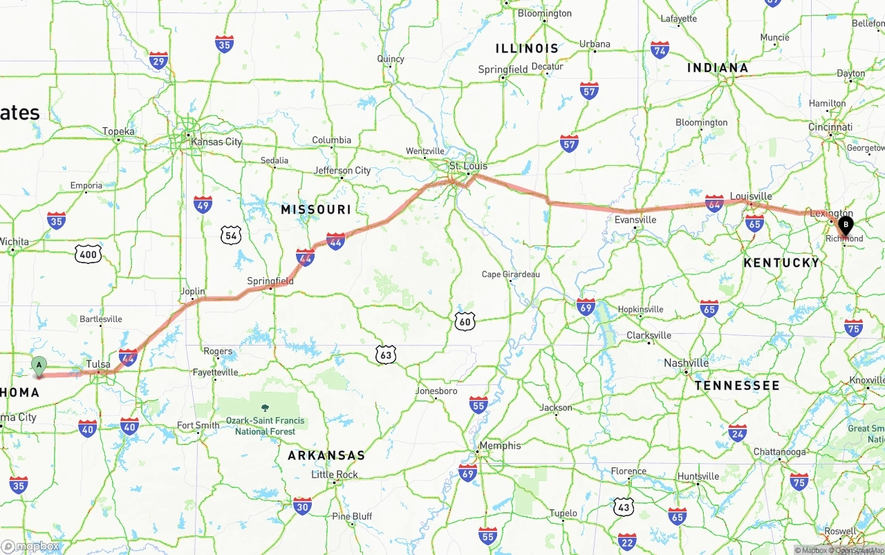 Shipping route from Oklahoma to Kentucky