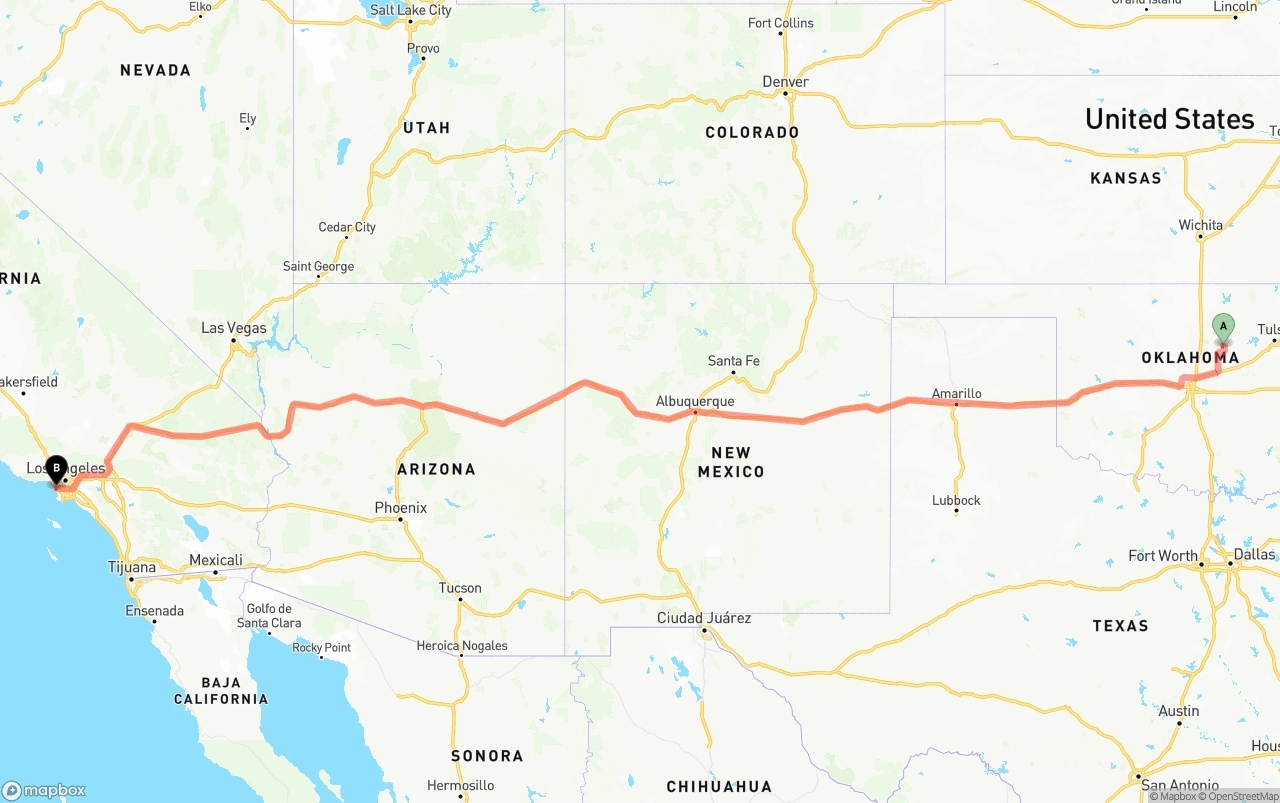 Shipping route from Oklahoma to Los Angeles International Airport