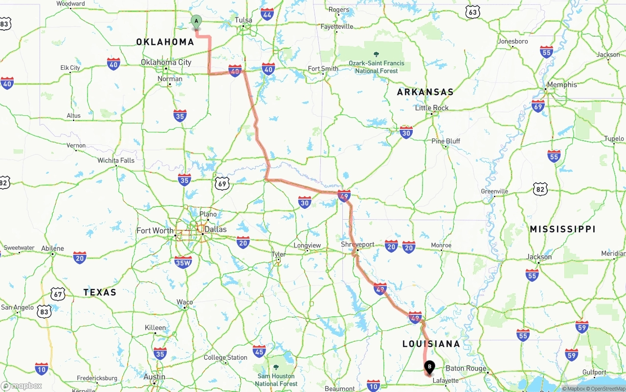 Shipping route from Oklahoma to Louisiana