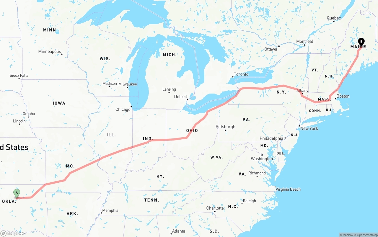 Shipping route from Oklahoma to Maine