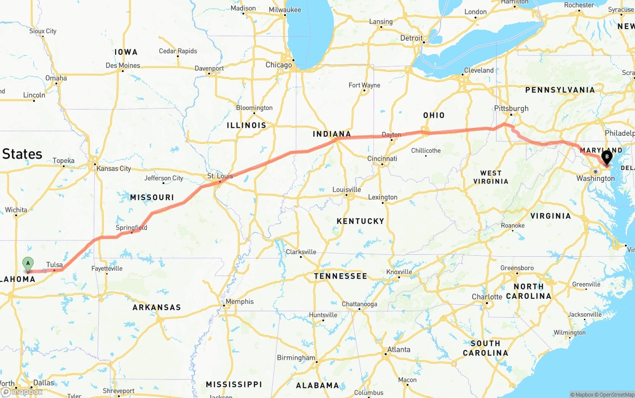 Shipping route from Oklahoma to Maryland