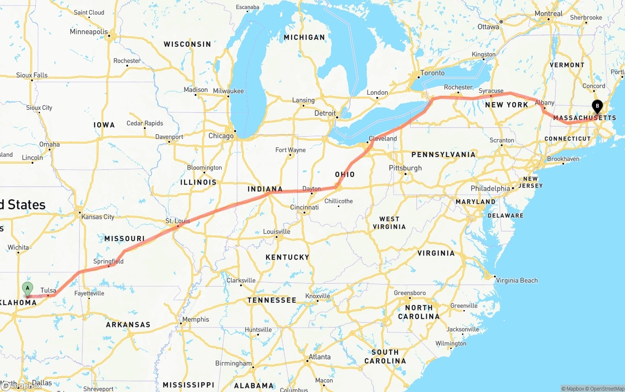 Shipping route from Oklahoma to Massachusetts