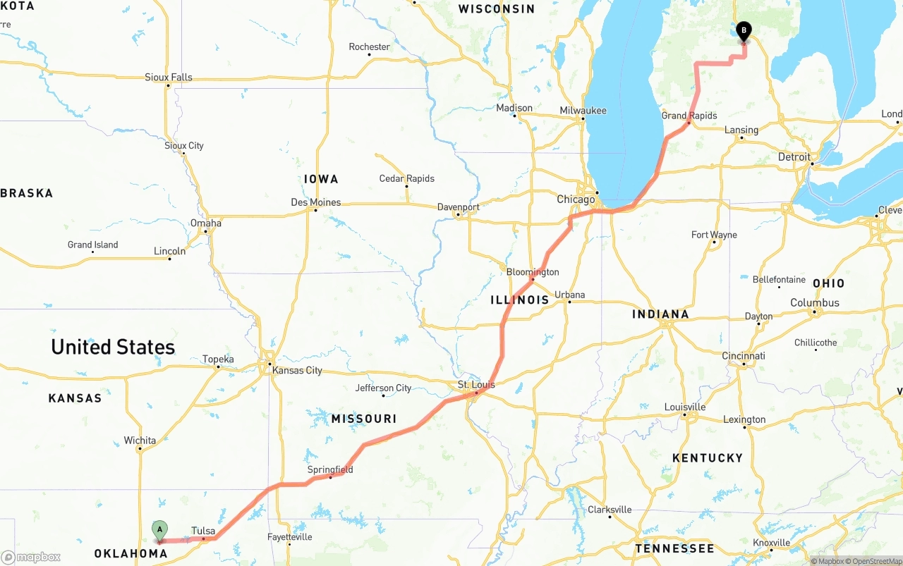 Shipping route from Oklahoma to Michigan