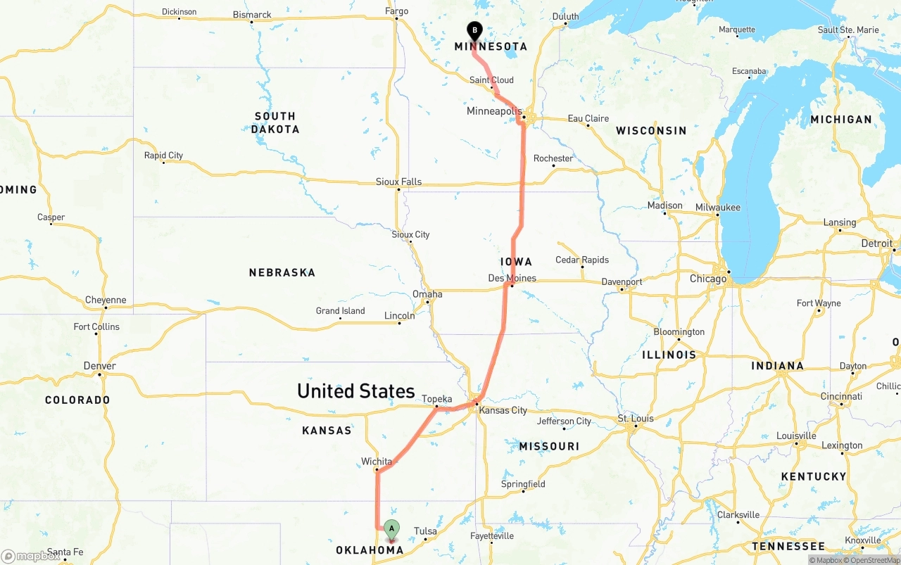 Shipping route from Oklahoma to Minnesota