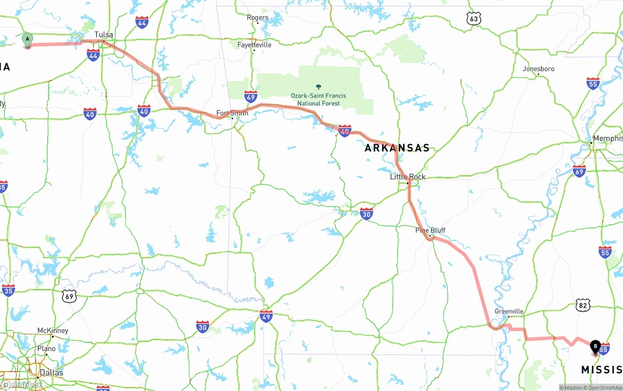 Shipping route from Oklahoma to Mississippi