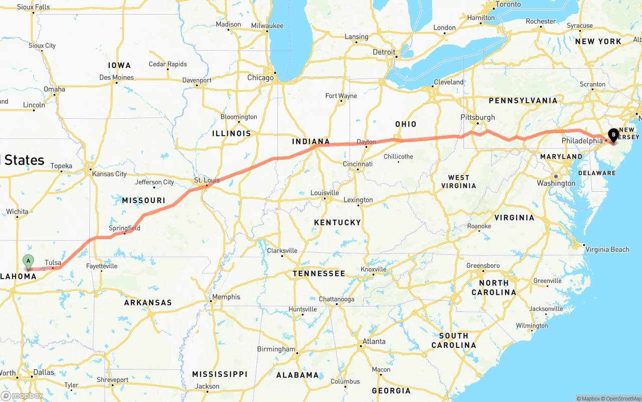 Shipping route from Oklahoma to New Jersey