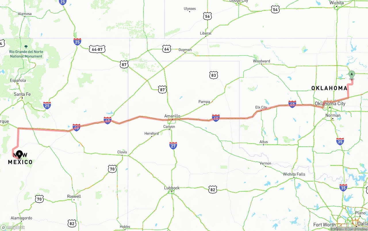 Shipping route from Oklahoma to New Mexico