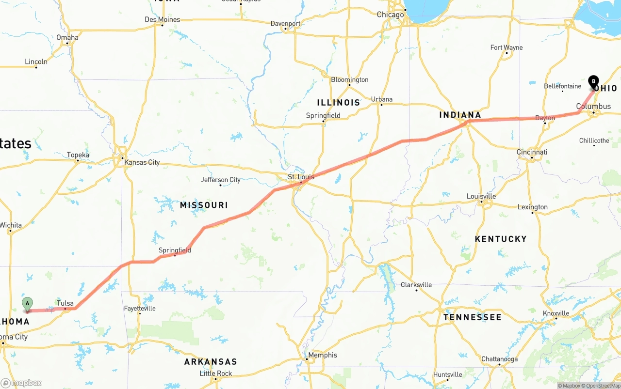 Shipping route from Oklahoma to Ohio