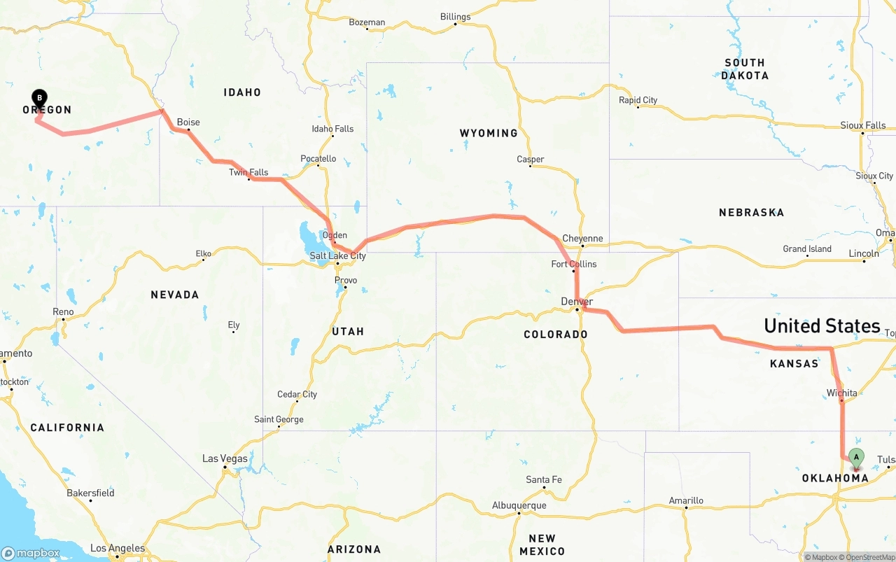 Shipping route from Oklahoma to Oregon
