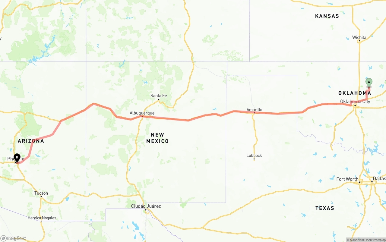 Shipping route from Oklahoma to Phoenix Sky Harbor International Airport