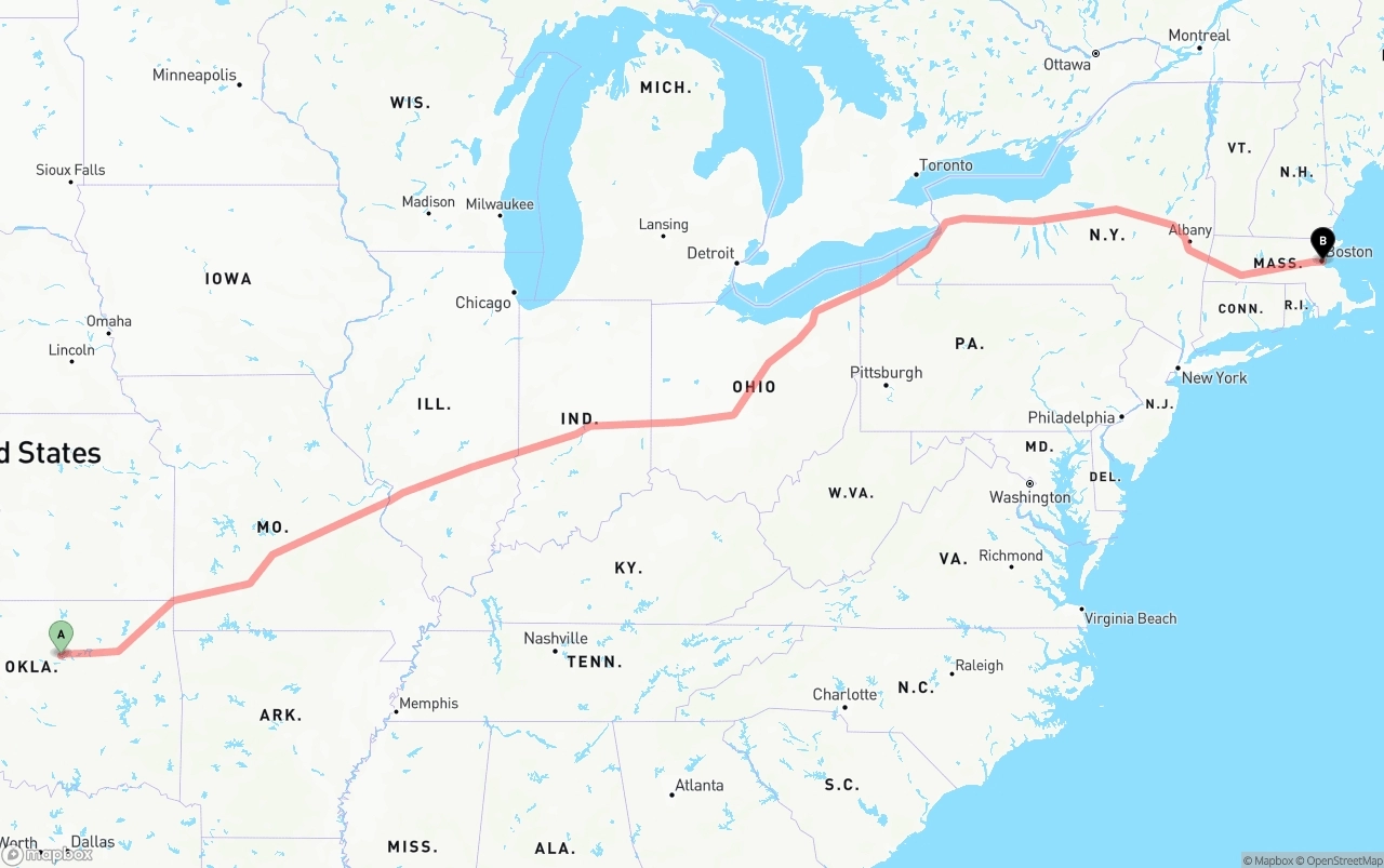 Shipping route from Oklahoma to Port of Boston