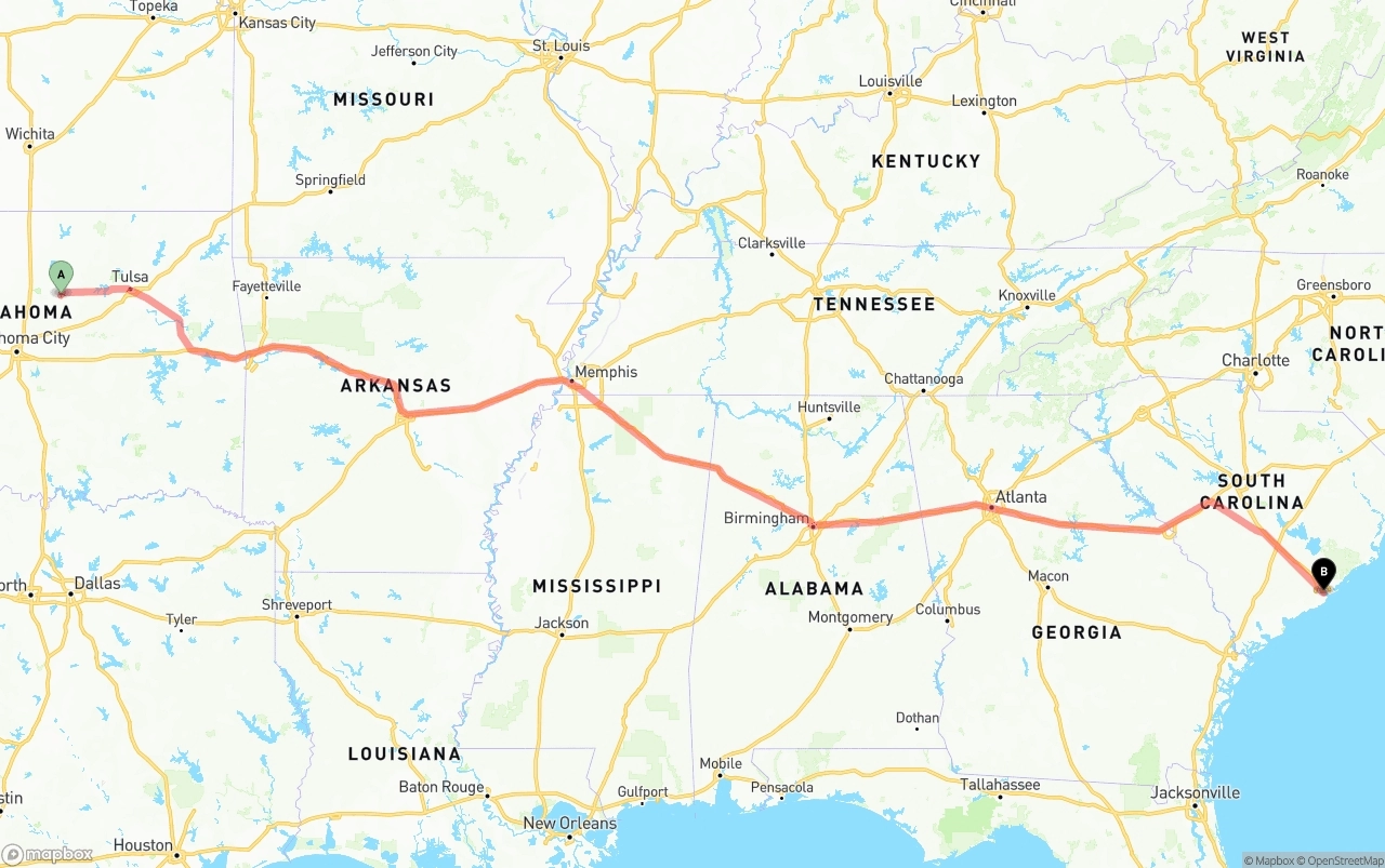 Shipping route from Oklahoma to Port of Charleston