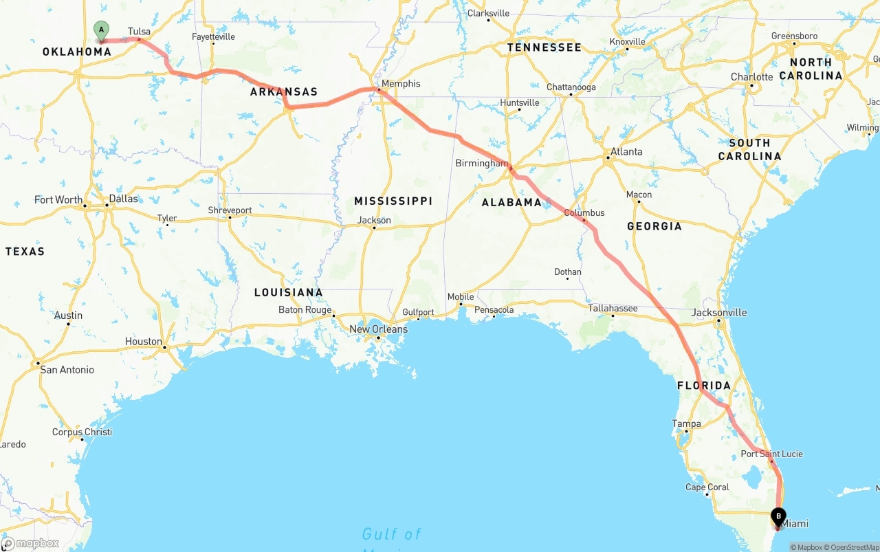Shipping route from Oklahoma to Port of Miami