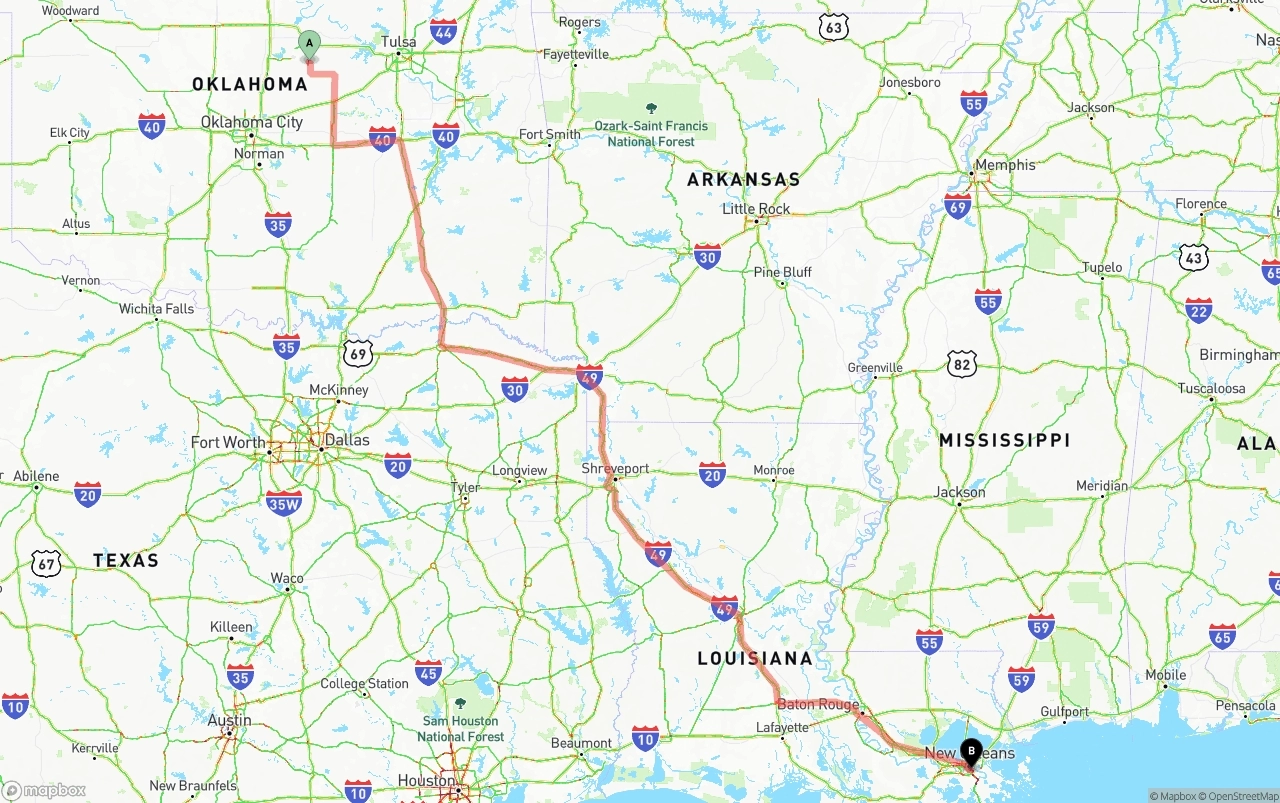 Shipping route from Oklahoma to Port of New Orleans