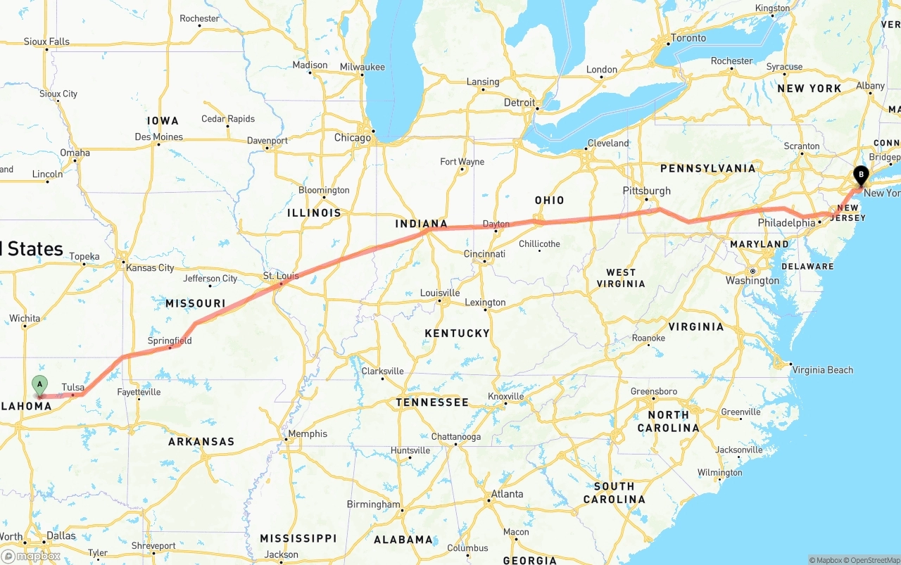 Shipping route from Oklahoma to Port of New York