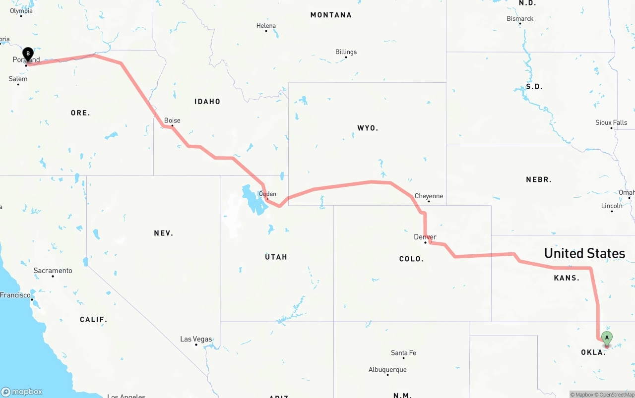 Shipping route from Oklahoma to Portland International Airport