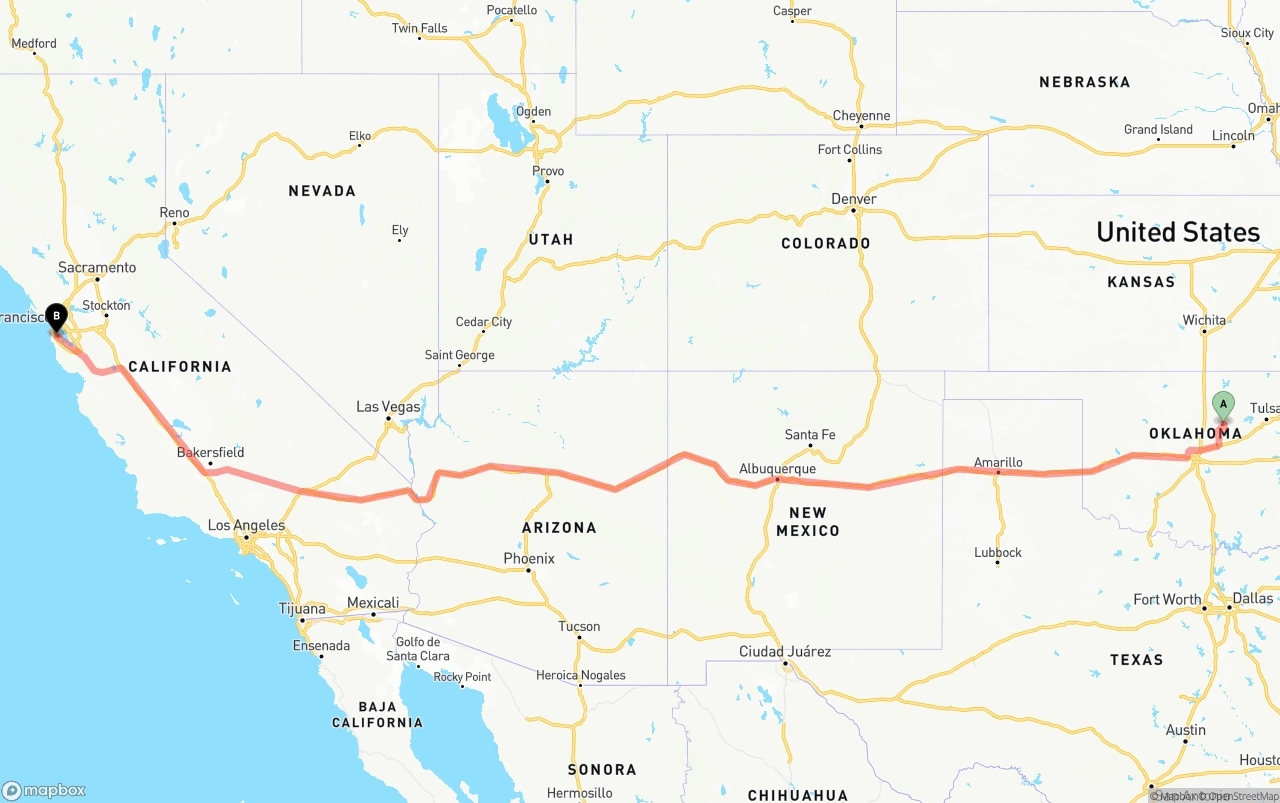 Shipping route from Oklahoma to San Francisco International Airport