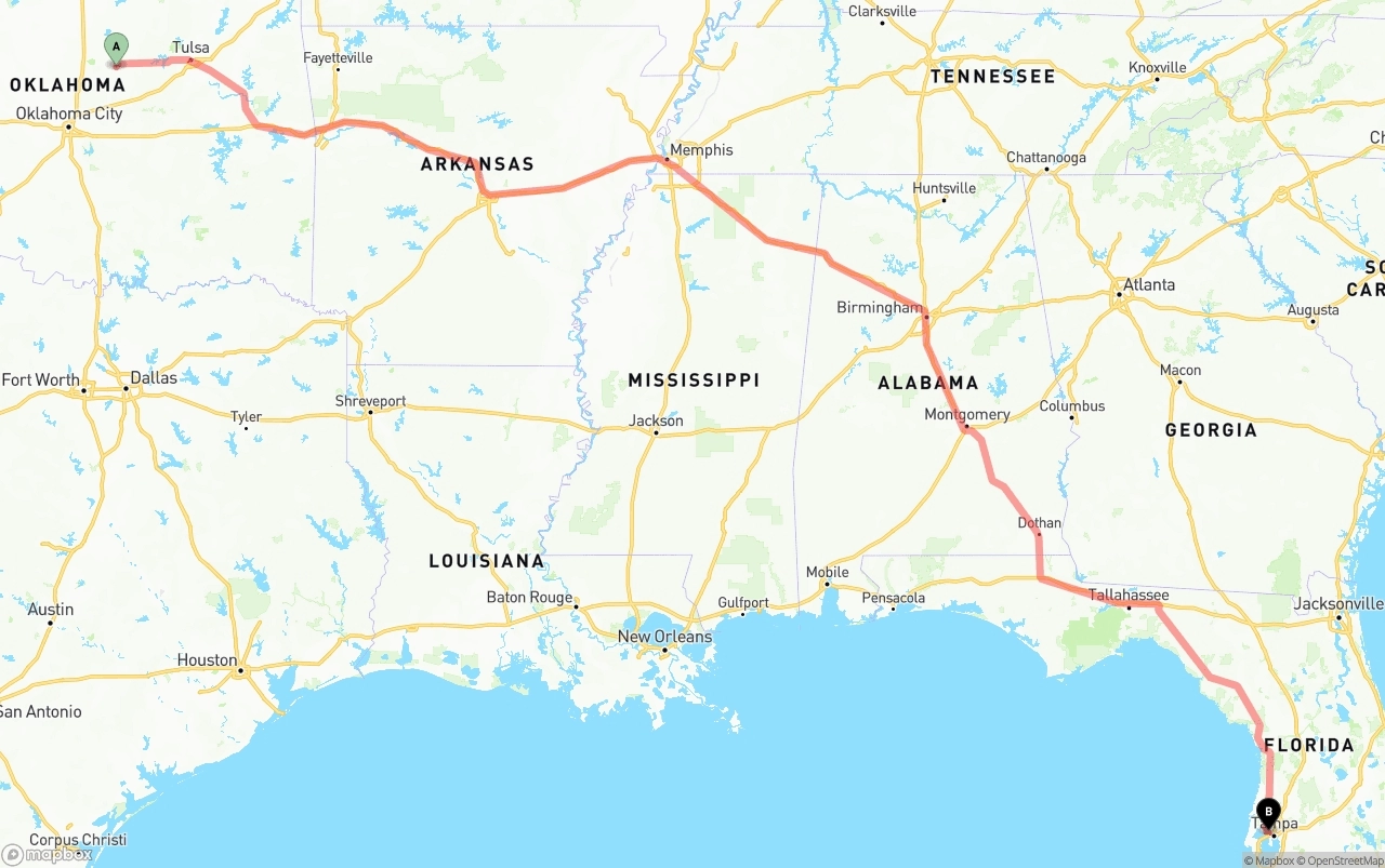 Shipping route from Oklahoma to Tampa International Airport