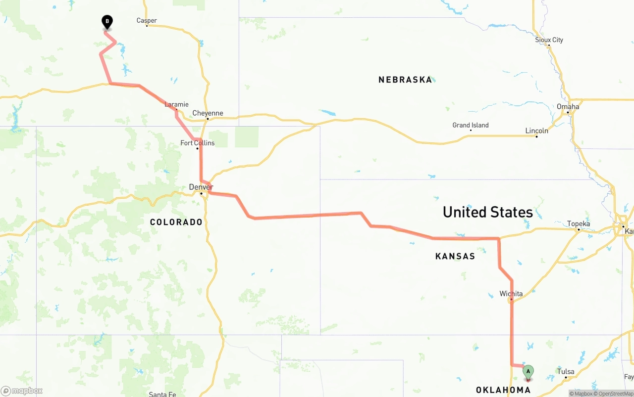 Shipping route from Oklahoma to Wyoming