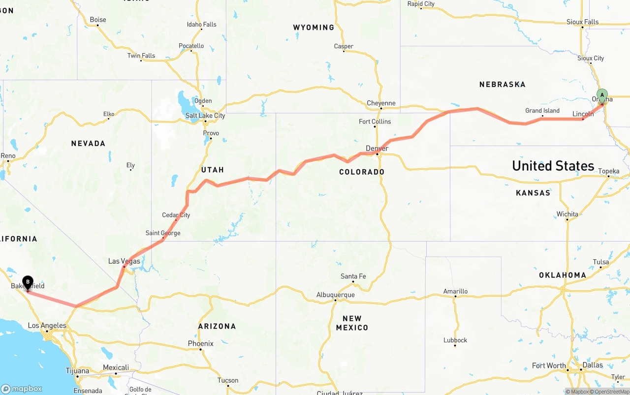 Shipping route from Omaha to Bakersfield